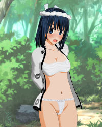 Rule 34 | 1girl, 3d, arms behind back, bandages, black hair, blue eyes, blush, breasts, bush, classmate daisuki, cleavage, cleft of venus, collarbone, forest, fundoshi, grass, hairband, highres, jacket, japanese clothes, long sleeves, looking at viewer, medium breasts, mitsudomoe (shape), nature, navel, open clothes, open jacket, open mouth, outdoors, pussy, pussy peek, rock, sarashi, short hair, smile, solo, standing, tomoe (symbol), tree, white jacket