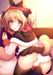 Rule 34 | 1girl, animal ears, ass, azur lane, bad id, bad pixiv id, bed sheet, black capelet, black skirt, blush, bow, brown bow, brown thighhighs, capelet, commentary request, dog ears, dog girl, dog tail, fur-trimmed capelet, fur trim, hair between eyes, hair bow, haru ichigo, heart, heart-shaped pillow, hood, hood up, light brown hair, long sleeves, looking at viewer, looking back, norfolk (azur lane), panties, pillow, pleated skirt, shirt, skirt, solo, tail, thighhighs, twintails, underwear, white panties, white shirt