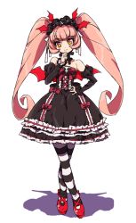Rule 34 | 1girl, bad id, bad pixiv id, black pantyhose, cross-laced footwear, crossed legs, dress, full body, gothic lolita, happy, head tilt, lolita fashion, long hair, looking at viewer, mary janes, original, pantyhose, pink hair, red footwear, shoes, simple background, smile, solo, standing, striped clothes, striped pantyhose, thinking, twintails, watson cross, white background, white pantyhose, yellow eyes, yukichi (ohuton zzz)