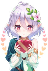 Rule 34 | 1girl, bare shoulders, blush, box, bridal gauntlets, closed mouth, commentary request, dress, fingernails, flower, gift, gift box, green dress, hair between eyes, hair flower, hair ornament, heart, heart-shaped box, highres, holding, holding gift, kokkoro (princess connect!), long sleeves, pointy ears, princess connect!, puffy long sleeves, puffy sleeves, red eyes, see-through, see-through sleeves, silver hair, smile, solo, tomo (tmtm mf mf), upper body, valentine, white background, white flower