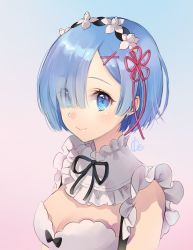 Rule 34 | 10s, 1girl, black bow, black ribbon, blue eyes, blue hair, blush, bow, breasts, closed mouth, detached sleeves, eyelashes, eyes visible through hair, from side, gradient background, hair ornament, hair over one eye, hair ribbon, hairband, highres, ice (ice aptx), looking at viewer, matching hair/eyes, medium breasts, neck ribbon, pink ribbon, re:zero kara hajimeru isekai seikatsu, rem (re:zero), ribbon, short hair, signature, solo, two-tone background, upper body, x hair ornament