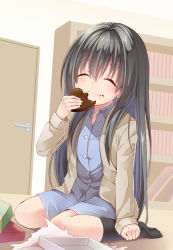Rule 34 | 1girl, absurdres, black hair, blush, candy, child, chocolate, chocolate heart, creek (moon-sky), eating, food, heart, highres, long hair, no shoes, original, solo, valentine, youjo (creek (moon-sky))