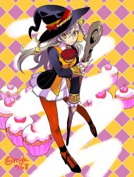 Rule 34 | 1girl, ahoge, ascot, black footwear, black hat, black jacket, braid, brooch, buttons, closed mouth, collared dress, commentary request, cupcake, dress, fate/grand order, fate (series), food, frilled sleeves, frills, grey hair, hair between eyes, halloween, hat, high heels, holding, holding staff, jacket, jewelry, long hair, long sleeves, looking at viewer, mgk968, multicolored clothes, multicolored jacket, olga marie animusphere, orange pantyhose, pantyhose, red ascot, side braid, single braid, solo, staff, twitter username, two-tone jacket, white dress, witch hat, yellow eyes, yellow jacket