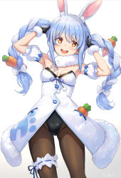 Rule 34 | 1girl, animal ear fluff, animal ears, armpits, black pantyhose, blue hair, blush, braid, breasts, bridal garter, brown pantyhose, carrot, carrot hair ornament, coat, creature, don-chan (usada pekora), food-themed hair ornament, gloves, gradient background, guchico, hair ornament, holding, holding own hair, hololive, leotard, leotard under clothes, long hair, looking at viewer, multicolored hair, open mouth, pantyhose, playboy bunny, rabbit, rabbit ears, rabbit girl, scarf, simple background, smile, solo, teeth, thick eyebrows, twin braids, two-tone hair, upper teeth only, usada pekora, usada pekora (1st costume), virtual youtuber, white background, white coat, white hair