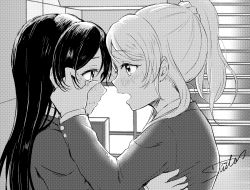 Rule 34 | 10s, 2girls, ayase eli, blazer, eye contact, face-to-face, greyscale, halftone, highres, hug, jacket, lilylion26, long hair, long sleeves, looking at another, love live!, love live! school idol project, monochrome, multiple girls, open mouth, ponytail, signature, sonoda umi, tears, upper body, wiping tears, yuri
