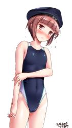 Rule 34 | 1girl, artist name, black hat, black one-piece swimsuit, blue hat, blue one-piece swimsuit, brown eyes, brown hair, clothes writing, competition swimsuit, covered navel, cowboy shot, dated, hat, highres, kantai collection, looking down, one-piece swimsuit, sailor hat, short hair, simple background, solo, swimsuit, tsuchimiya, white background, z3 max schultz (kancolle)