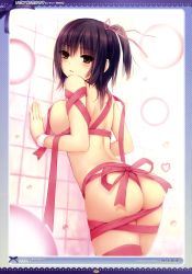 Rule 34 | 1girl, absurdres, against wall, aoyama sumika, artist name, ass, black hair, blush, bow, breasts, brown eyes, censored, coffee-kizoku, convenient censoring, from behind, hair ribbon, highres, large breasts, looking at viewer, looking back, naked ribbon, nude, original, ribbon, side ponytail, skindentation, solo, standing