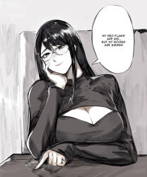 Rule 34 | 1girl, black eyes, black sweater, breasts, cleavage, cleavage cutout, clothing cutout, english text, hand on own cheek, hand on own face, head tilt, highres, kamishiro rize, large breasts, long hair, looking at viewer, meme, my red flags are big but my boobs are bigger (meme), pointing, raw hero, smile, solo, speech bubble, sweater, tokyo ghoul, yourfreakyneighbourh