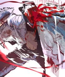 Rule 34 | 1boy, 1girl, absurdres, black pants, blood, blood on clothes, blood spray, bloody weapon, chainsaw, chainsaw man, collared shirt, denji (chainsaw man), facing viewer, highres, isaac (screwballcomic), limited palette, looking at viewer, makima (chainsaw man), motion lines, no eyes, open clothes, pants, reflection, ringed eyes, sharp teeth, shirt, simple background, solo focus, speed lines, teeth, weapon, white background, white shirt