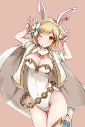 Rule 34 | 10s, 1girl, alternate costume, animal ears, arms up, blonde hair, blush, boots, breasts, brown eyes, cape, cleavage, djeeta (granblue fantasy), granblue fantasy, hairband, highres, large breasts, leotard, looking at viewer, one eye closed, rabbit ears, rabbit pose, ryuu., sage (granblue fantasy), short hair, short sleeves, smile, solo, thigh boots, thighhighs, wrist cuffs