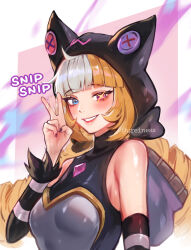 Rule 34 | 1girl, absurdres, animal ears, bare shoulders, black nails, blonde hair, blue eyes, breasts, detached sleeves, drill hair, english text, fake animal ears, gem, grin, gwen (league of legends), hand up, heterochromia, highres, large breasts, league of legends, raion rennes, red eyes, shiny skin, smile, solo, soul fighter gwen, striped sleeves, teeth, twin drills, twintails, v, white hair