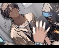 Rule 34 | 1boy, 1other, against wall, arknights, armband, bag, black hair, black jacket, black shirt, blurry, blurry foreground, brooch, brown jacket, commentary request, dark-skinned male, dark skin, disembodied hand, dog tags, frown, highres, hishoti cheese, indoors, infection monitor (arknights), jacket, jewelry, letterboxed, looking at viewer, necklace, shirt, short hair, sleeves rolled up, thorns (arknights), upper body, wall, waving, window, yellow eyes
