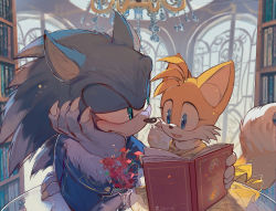 Rule 34 | 1boy, 1girl, absurdres, animal ears, animal nose, beauty and the beast, blue eyes, blush, book, bookshelf, c52278, claws, dress, fang, fox ears, fox girl, fox tail, furry, furry female, furry male, genderswap, genderswap (mtf), glass table, highres, holding, holding book, library, looking at another, multiple tails, open mouth, plant, smile, sonic (series), sonic the hedgehog, sonic the werehog, sonic unleashed, table, tail, tails (sonic), two tails, window, yellow dress