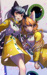Rule 34 | 2girls, animal ears, bare legs, blush, buttons, cherry blossoms, coat, ezo red fox (kemono friends), fox ears, fox tail, glowing, grey hair, hand on shoulder, highres, kemono friends, kemono friends 3, leaning, long hair, looking at viewer, multicolored clothes, multiple girls, open mouth, orange eyes, orange hair, outdoors, petals, raincoat, ship, signature, silver fox (kemono friends), smile, tail, v, watercraft, welt (kinsei koutenkyoku), wind, window, yellow coat
