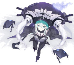Rule 34 | 1girl, abyssal ship, ahoge, ankle boots, aqua eyes, black cape, black footwear, bodysuit, boots, cape, colored skin, enemy aircraft (kancolle), expressionless, eyebrows, full body, glowing, glowing eye, goekawa, hair between eyes, kantai collection, leaning forward, looking at viewer, multicolored background, sidelocks, staff, tentacles, thighs, turret, two-tone background, white skin, wo-class aircraft carrier