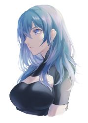 Rule 34 | 1girl, artist name, black shirt, blue eyes, blue hair, breasts, byleth (female) (fire emblem), byleth (fire emblem), cleavage cutout, closed mouth, clothing cutout, cropped arms, cropped torso, fire emblem, fire emblem: three houses, frown, hair between eyes, highres, long hair, medium breasts, moja (rainpoow), nintendo, shirt, short sleeves, simple background, solo, straight hair, white background