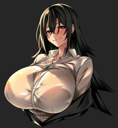 Rule 34 | 1girl, absurdres, black hair, black jacket, blush, breasts, commentary request, highres, huge breasts, hz (666v), jacket, kashima (hz (666v)), long hair, looking at viewer, off shoulder, original, paid reward available, partially unbuttoned, ringed eyes, school uniform, see-through, see-through shirt, smile, solo, unbuttoned, unbuttoned shirt, upper body