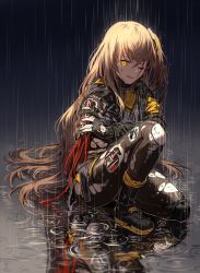 Rule 34 | 1girl, brown hair, commentary, damaged, dirty, floating hair, from side, girls&#039; frontline, gloves, hair between eyes, hair ornament, headgear, holding own arm, jacket, long hair, looking at viewer, mechabare, mod3 (girls&#039; frontline), night, one eye closed, one side up, open mouth, outdoors, prosthesis, prosthetic arm, rain, reflection, ripples, scar, scar across eye, scar on face, silence girl, smile, spoilers, torn clothes, ump45 (girls&#039; frontline), very long hair, wind, wind lift, yellow eyes