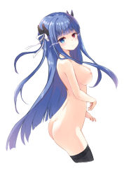 Rule 34 | 1girl, ass, azur lane, black thighhighs, blue eyes, blue hair, blush, breasts, closed mouth, cowboy shot, cropped legs, from side, hair ribbon, heterochromia, horns, ibuki (azur lane), long hair, looking at viewer, looking to the side, medium breasts, nipples, nude, red eyes, ribbon, smile, solo, tenjou ryuka, thighhighs, two side up, very long hair, white ribbon