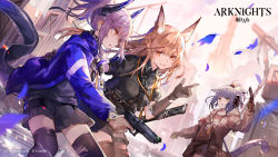 Rule 34 | 3girls, animal ears, arknights, black legwear, black skirt, blue jacket, brown hair, cat ears, cat tail, copyright name, cowboy shot, drawstring, fox ears, franka (arknights), gloves, grey gloves, grey jacket, grey shirt, gun, hand up, handgun, headphones, highres, holding, holding gun, holding weapon, horns, id card, jacket, jessica (arknights), left-handed, liskarm (arknights), long sleeves, looking at another, miniskirt, multiple girls, open clothes, open jacket, orange eyes, ozadomi, parted lips, pistol, pleated skirt, ponytail, shirt, short hair, short ponytail, sidelocks, silver hair, skirt, smile, standing, tail, thighhighs, thighs, watch, weapon, wristwatch, zettai ryouiki