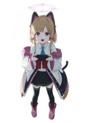 Rule 34 | 1girl, animal ears, black skirt, black thighhighs, blonde hair, blue archive, blue necktie, boots, cat ears, collared shirt, commentary, fake animal ears, fake tail, full body, hair ribbon, halo, highres, jacket, looking at viewer, looking up, medium hair, momoi (blue archive), necktie, nekoreito, off-shoulder jacket, off shoulder, open clothes, open jacket, open mouth, pink footwear, pleated skirt, red eyes, red ribbon, ribbon, shirt, shirt tucked in, sidelocks, simple background, skirt, solo, standing, tail, thighhighs, white background, white jacket, white shirt, zettai ryouiki