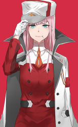Rule 34 | 10s, 1girl, blue eyes, candy, cape, darling in the franxx, food, gloves, grey hat, hat, highres, kaz (kaazzz0416), lollipop, looking at viewer, pink hair, red background, simple background, smile, solo, uniform, upper body, white cape, white gloves, zero two (darling in the franxx)