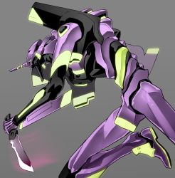 Rule 34 | armor, dagger, eva 01, glowing, glowing weapon, grey background, highres, holding, holding weapon, horns, kneeling, knife, machinery, mecha, neon genesis evangelion, no humans, rebuild of evangelion, robot, simple background, single horn, velzhe, weapon
