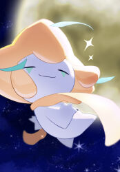 Rule 34 | blurry, blurry background, closed eyes, closed mouth, commentary request, creatures (company), game freak, gen 3 pokemon, highres, jirachi, legendary pokemon, moon, mythical pokemon, night, nintendo, no humans, nobu (rghw3527), outdoors, pokemon, pokemon (creature), sky, smile, solo, sparkle