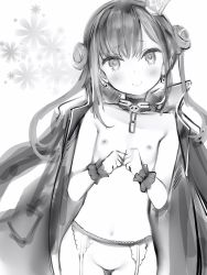 Rule 34 | 1girl, bad id, bad pixiv id, blush, closed mouth, coat, coat on shoulders, cowboy shot, double bun, earrings, flat chest, garter belt, greyscale, hair bun, hands up, highres, hololive, jewelry, looking at viewer, monochrome, nanashi (nlo), nipples, own hands together, pantyhose, skull earrings, smile, solo, standing, topless, uruha rushia, uruha rushia (3rd costume), virtual youtuber, wristband
