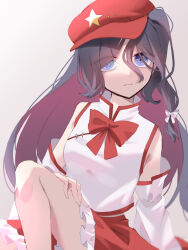 Rule 34 | 1girl, bare legs, bare shoulders, blue eyes, bow, bowtie, breasts, cabbie hat, detached sleeves, dolls in pseudo paradise, flat cap, frilled skirt, frills, grey background, hat, hat ornament, highres, label girl (dipp), long hair, mandarin collar, midriff peek, parted lips, purple hair, red bow, red bowtie, red hat, red skirt, side ponytail, simple background, sitting, skirt, small breasts, solo, star (symbol), star hat ornament, touhou, very long hair, vest, white sleeves, white vest, zasco fox