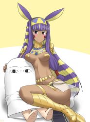 Rule 34 | 1girl, absurdres, blush, breasts, character doll, commentary request, dark-skinned female, dark skin, fate/grand order, fate (series), full body, hairband, hamu koutarou, highres, jewelry, long hair, medium breasts, medjed (fate), multicolored hair, nitocris (fate), nitocris (third ascension) (fate), pasties, pelvic curtain, purple eyes, purple hair, revealing clothes, smile, two-tone hair, yellow background