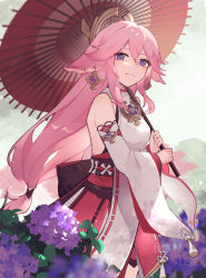 Rule 34 | 1girl, animal ears, bare shoulders, breasts, closed mouth, cloud, cloudy sky, commentary request, commission, cowboy shot, crossed bangs, day, detached sleeves, earrings, floppy ears, floral print, flower, fox ears, genshin impact, glint, gold trim, hair between eyes, hakama, highres, holding, holding umbrella, japanese clothes, jewelry, light smile, long hair, looking at viewer, low-tied long hair, medium breasts, mixed-language commentary, nontraditional miko, outdoors, overcast, pendant, pink hair, pixiv commission, purple eyes, purple flower, red skirt, rippajun, shirt, skirt, sky, sleeveless, sleeveless shirt, solo, tassel, turtleneck, umbrella, vision (genshin impact), white shirt, white sleeves, wide sleeves, yae miko