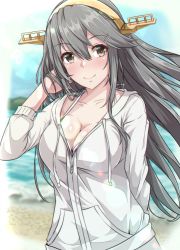 Rule 34 | 1girl, aga marino, bad id, bad twitter id, beach, blue sky, blurry, blush, breasts, brown eyes, cleavage, cloud, commentary request, day, depth of field, grey hair, hairband, haruna (kancolle), headgear, hood, hooded jacket, hoodie, jacket, kantai collection, large breasts, long hair, looking at viewer, outdoors, sky, smile, solo, upper body, white jacket