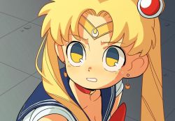 Rule 34 | 1girl, ammonio, bishoujo senshi sailor moon, blonde hair, blue sailor collar, breasts, choker, circlet, cleavage, commentary, commentary typo, crescent, crescent earrings, derivative work, diadem, earrings, hair over shoulder, heart, heart choker, jewelry, long hair, meme, parted bangs, red choker, sailor collar, sailor moon, sailor moon redraw challenge (meme), sailor senshi uniform, screenshot redraw, shirt, solo, tears, tile floor, tiles, tsukino usagi, twintails, upper body, very long hair, white shirt