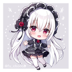 Rule 34 | 1girl, :d, black bow, black dress, black footwear, black hairband, blush, bow, chibi, commentary request, dress, fang, flower, frilled hairband, frills, full body, grey background, hair between eyes, hairband, long hair, long sleeves, looking at viewer, mitsuba choco, open mouth, original, puffy long sleeves, puffy sleeves, red eyes, red flower, red rose, rose, shoes, smile, solo, thighhighs, twitter username, two-tone background, very long hair, white background, white hair, white thighhighs