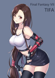 Rule 34 | 1girl, absurdres, belt, black gloves, black skirt, black thighhighs, blue background, breasts, brown belt, brown eyes, brown hair, character name, copyright name, cowboy shot, crop top, earrings, elbow gloves, final fantasy, final fantasy vii, fingerless gloves, gloves, highres, jewelry, large breasts, long hair, looking at viewer, low-tied long hair, midriff, miniskirt, navel, pencil skirt, simple background, skirt, smile, solo, standing, stomach, suspenders, tank top, thighhighs, thighs, tifa lockhart, very long hair, wan xing, white tank top