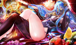 Rule 34 | 1girl, aqua hair, azura (fire emblem), bare legs, black gloves, black thighhighs, blackberry (fruit), blueberry, breasts, bridal gauntlets, candle, candlestand, covered navel, crossed legs, curtains, fingerless gloves, fire emblem, fire emblem fates, food, fruit, gloves, grapes, highres, kiwi (fruit), kiwi slice, leotard, long hair, looking at viewer, lying, mask, medium breasts, mouth mask, mouth veil, nintendo, on back, orange (fruit), orange slice, petals, raspberry, single thighhigh, solo, staff, strawberry, taut clothes, thighhighs, thighs, tongari, veil, yellow eyes