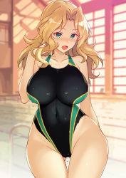 Rule 34 | 1girl, :d, backlighting, blonde hair, blush, bodypaint, breasts, cleft of venus, commentary request, completely nude, cowboy shot, exhibitionism, fang, girls und panzer, gluteal fold, green eyes, hair intakes, highres, indoors, kay (girls und panzer), large breasts, looking at viewer, medium hair, nakamura yukitoshi, naked paint, navel, nipples, nude, open mouth, painted clothes, pool, public indecency, pussy, smile, solo, standing, striped, thigh gap, thighs, water, wavy hair, wide hips, window