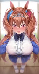 Rule 34 | 1girl, absurdres, animal ears, black bow, black bowtie, blue dress, blurry, blush, bow, bowtie, breasts, brown hair, daiwa scarlet (umamusume), depth of field, dress, embarrassed, from above, hair between eyes, hair intakes, hair ornament, hair ribbon, hands in hair, highres, horse ears, horse girl, indoors, large breasts, lomocya, long hair, long sleeves, looking at viewer, open mouth, purple eyes, red ribbon, ribbon, see-through, solo, standing, tiara, twintails, umamusume, white footwear