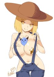 Rule 34 | 1girl, @ @, alternate breast size, artist name, babe (fate), between breasts, blonde hair, blush, breast suppress, breasts, butter-t, collarbone, fate/grand order, fate (series), hat, large breasts, looking at viewer, naked overalls, navel, overalls, overalls pull, pasties, paul bunyan (fate), paul bunyan (third ascension) (fate), pulling, short hair, simple background, smile, solo, sparkle, star pasties, white background