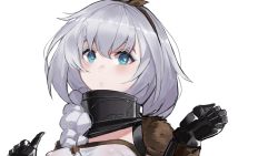Rule 34 | 1girl, black gloves, blue eyes, bow, braid, brown bow, brown hairband, gloves, gorget, grey hair, hair bow, hair over shoulder, hairband, highres, looking at viewer, onean (pandea work), pandea work, parted lips, simple background, solo, the elder scrolls, the elder scrolls v: skyrim, upper body, white background