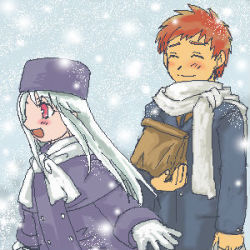 Rule 34 | 00s, 1boy, 1girl, brother and sister, emiya shirou, fate/stay night, fate (series), gloves, hat, illyasviel von einzbern, lowres, purple hat, red eyes, red hair, scarf, siblings, snowing, white hair