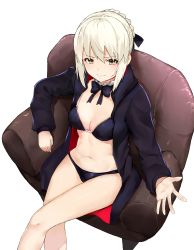 Rule 34 | 1girl, absurdres, artoria pendragon (alter swimsuit rider) (fate), artoria pendragon (alter swimsuit rider) (second ascension) (fate), artoria pendragon (fate), bikini, black bikini, black jacket, black ribbon, braid, braided bun, breasts, cleavage, closed mouth, crossed legs, fate/grand order, fate (series), from above, hair between eyes, hair bun, hair ribbon, highres, hood, hooded jacket, jacket, long sleeves, medium breasts, navel, open clothes, open jacket, ribbon, ryou (ponpgo), shiny skin, short hair, silver hair, simple background, sitting, smile, solo, swimsuit, white background, yellow eyes