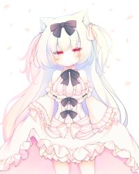 Rule 34 | 1girl, animal ears, azur lane, bare shoulders, black bow, blush, bow, breasts, cat ears, closed mouth, commentary request, dress, hair bow, head tilt, long hair, long sleeves, looking at viewer, medium breasts, off-shoulder dress, off shoulder, petals, red eyes, sakurato ototo shizuku, silver hair, skirt hold, smile, solo, two side up, very long hair, white bow, white dress, wide sleeves, yukikaze (azur lane), yukikaze (sovereign of the swing) (azur lane)