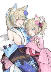 2girls animal_ear_fluff animal_ears belt black_sash blonde_hair blue_belt blue_hair blue_kimono breasts dog_ears dog_girl floral_print_kimono flower fuwawa_abyssgard fuwawa_abyssgard_(new_year) hair_flower hair_ornament highres hololive hololive_english japanese_clothes kimono mococo_abyssgard mococo_abyssgard_(new_year) multicolored_hair multiple_girls official_alternate_costume pink_belt pink_eyes pink_kimono podang ponytail sash siblings sideboob sideless_kimono simple_background sisters sleeveless sleeveless_kimono streaked_hair twins virtual_youtuber white_background