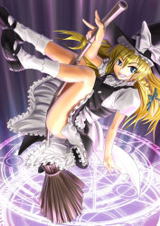 Rule 34 | 1girl, blonde hair, blue eyes, braid, broom, female focus, hat, kirisame marisa, legs, long hair, magic circle, mary janes, raybar, shoes, solo, touhou, witch, witch hat