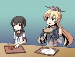 Rule 34 | 10s, 2girls, alternate breast size, black hair, blonde hair, burger, commentary, eating, elbow gloves, flat chest, food, food in mouth, french fries, front-tie top, fubuki (kancolle), gloves, gradient background, headgear, iowa (kancolle), kantai collection, long hair, low ponytail, multicolored clothes, multicolored gloves, multiple girls, open mouth, school uniform, serafuku, sixten, tray