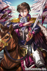 Rule 34 | 1boy, animal, ascot, battle standard, blue sky, brown hair, cape, cloud, day, epaulettes, fantasy, fur trim, gem, hair between eyes, horse, horseback riding, looking at viewer, male focus, official art, outdoors, parted lips, red gemstone, reins, riding, shiro kikuya, sky, solo, sword, teruboshi no riberion, v-shaped eyebrows, weapon