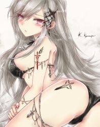 Rule 34 | 1girl, :o, alternate costume, armlet, ascot, ass, azur lane, bikini, black bikini, blush, breasts, butterfly hair ornament, dunkerque (azur lane), earrings, eyes visible through hair, grey hair, groin, hair ornament, jewelry, kyuumoto kuku, large breasts, long hair, looking at viewer, nail polish, open mouth, pink eyes, red nails, shoulder blades, sidelocks, signature, solo, swimsuit, tattoo, tearing up, thighlet, thighs, very long hair