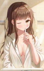 Rule 34 | 1girl, absurdres, bathroom, blush, breasts, brown eyes, brown hair, brushing teeth, closed mouth, commentary request, eyelashes, hand up, highres, holding, holding toothbrush, indoors, long hair, looking at viewer, medium breasts, messy hair, off shoulder, open clothes, open shirt, original, partially unbuttoned, solo, toothbrush, ttusee5, upper body